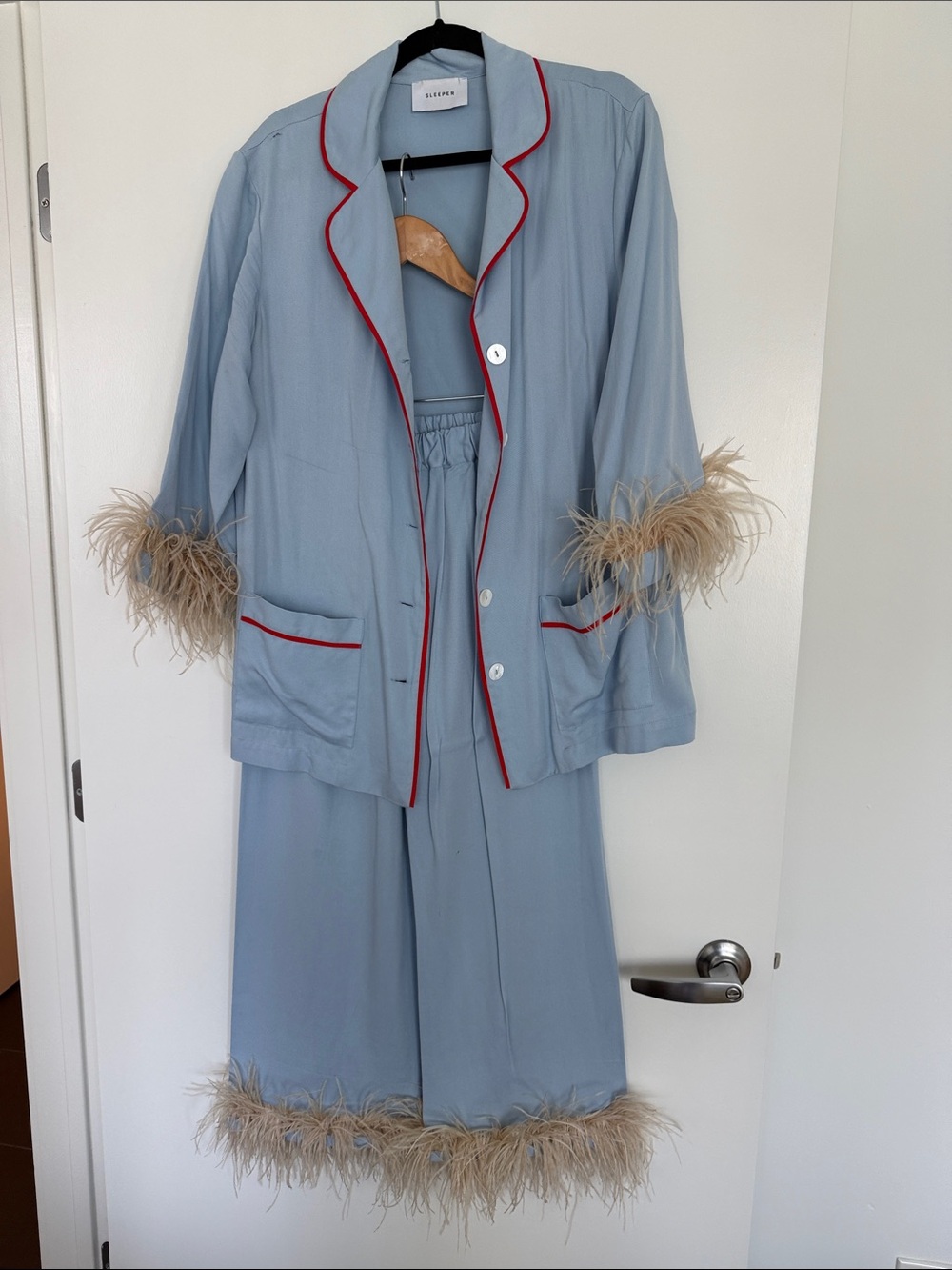 Sleeper Light Blue Pajama Set with Red Piping and Feather Trim